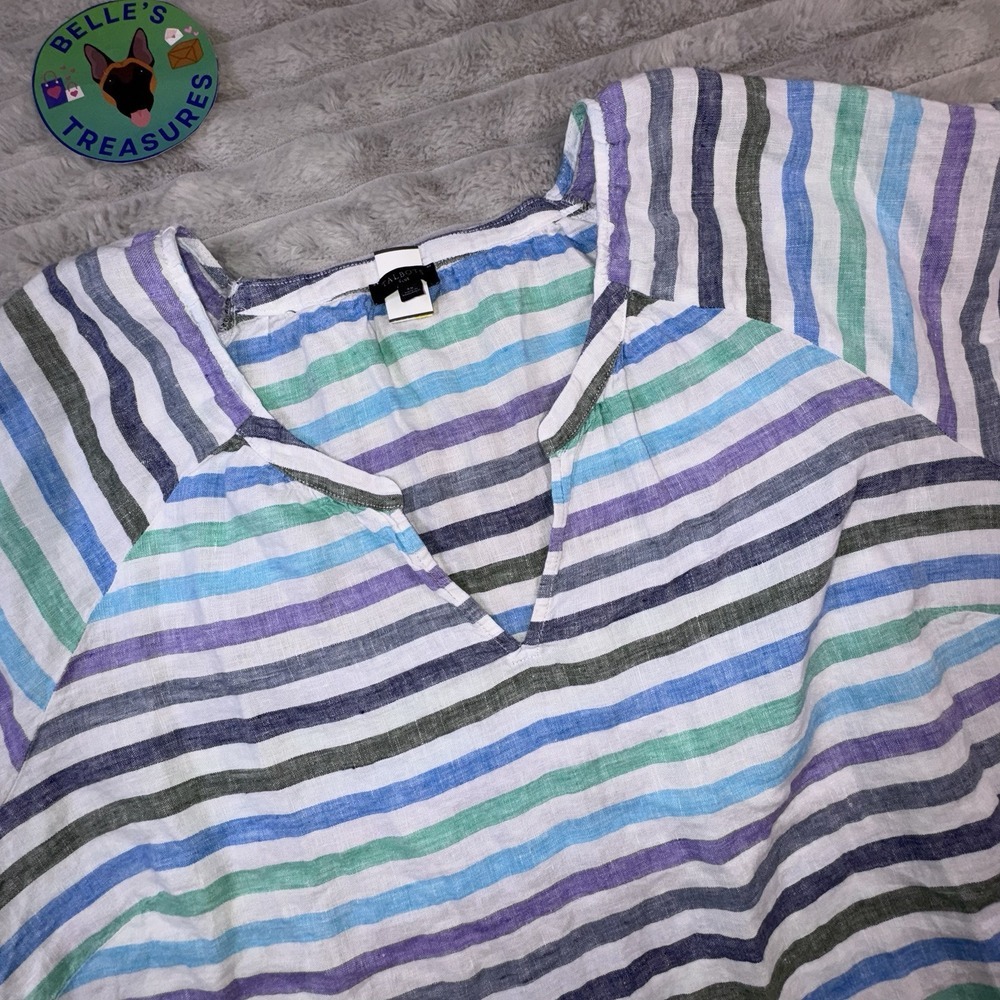 Talbots Shirt Womens 3X Plus Striped 100% Linen Short Sleeve Top V Neck Blouse